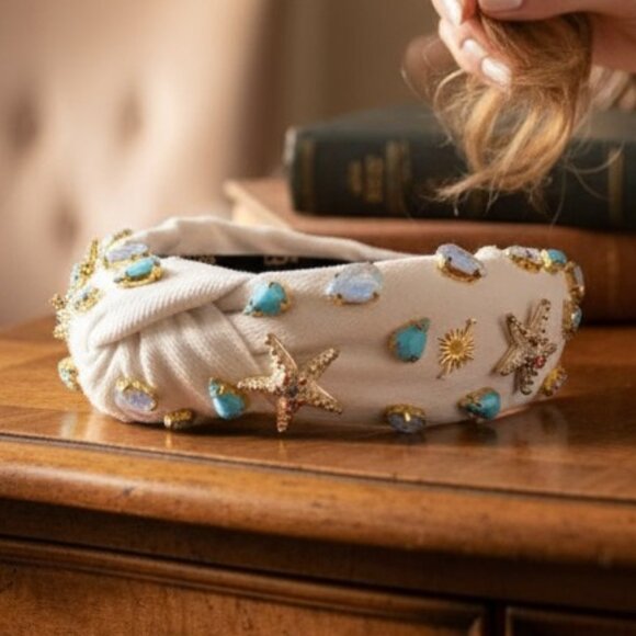 Crystal Headband - DENIM Headband - Knot Headband + Crystals - WHITE - Picture 1 of 5